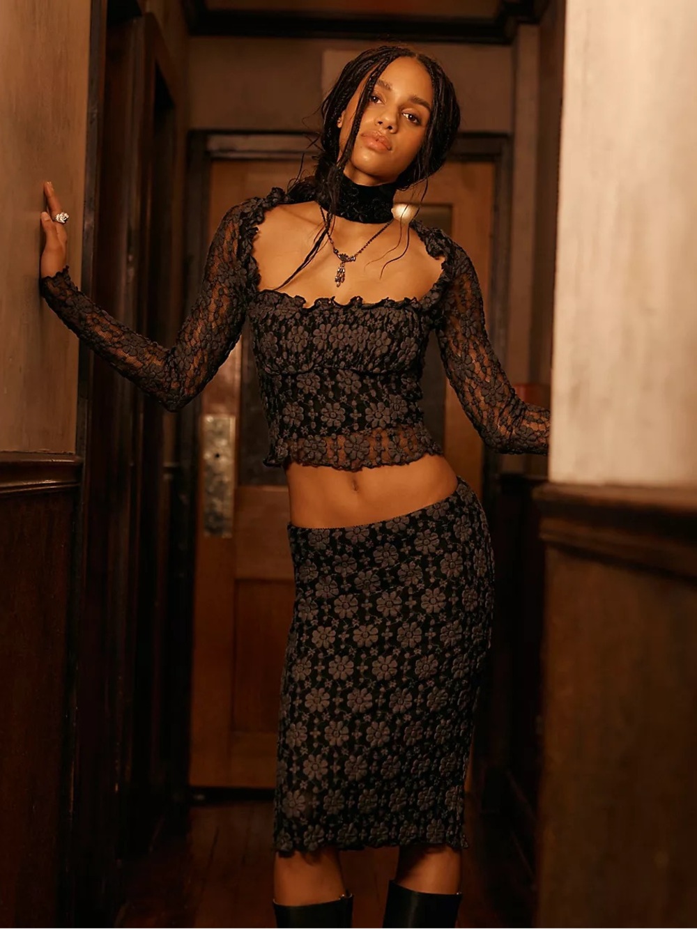 Free People Lucinda Lace Midi Skirt Set Size Medium NWOT